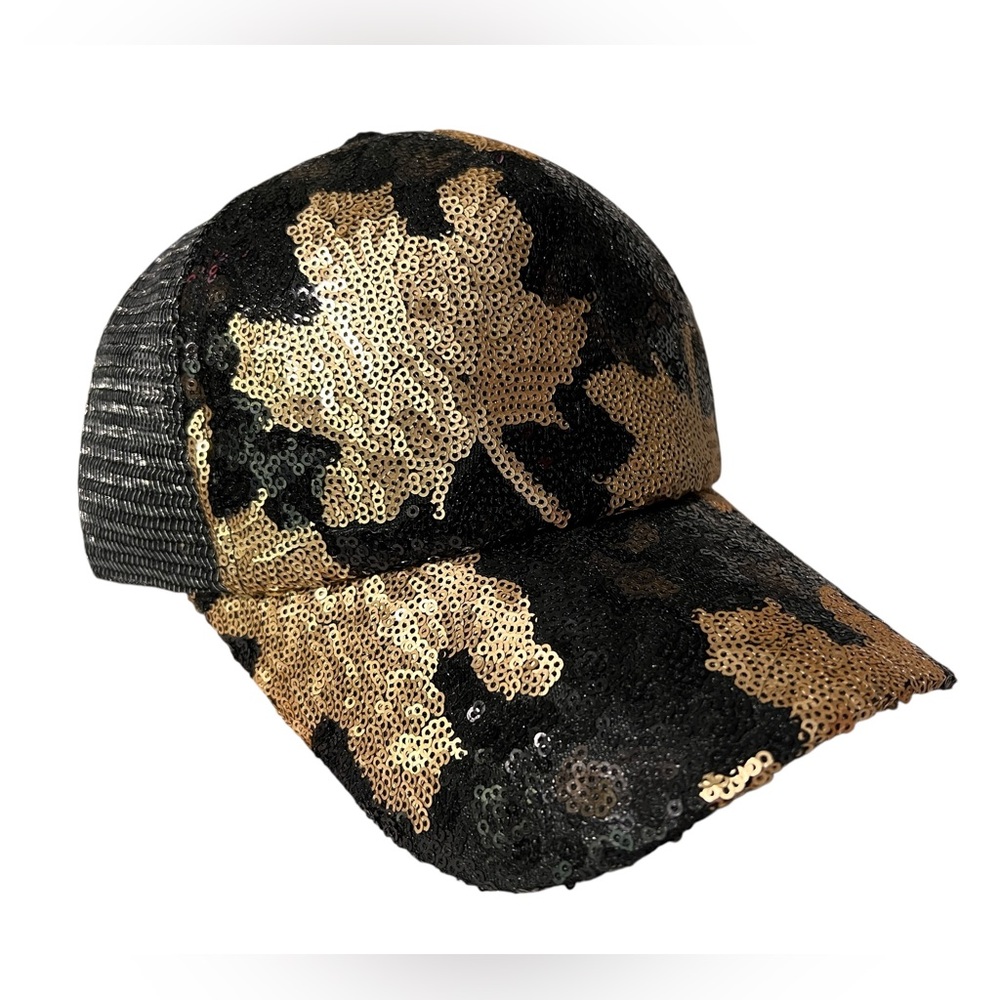Beautiful Sequin Leaf Design Black and Gold Glam Cap, adjustable size - Picture 1 of 11